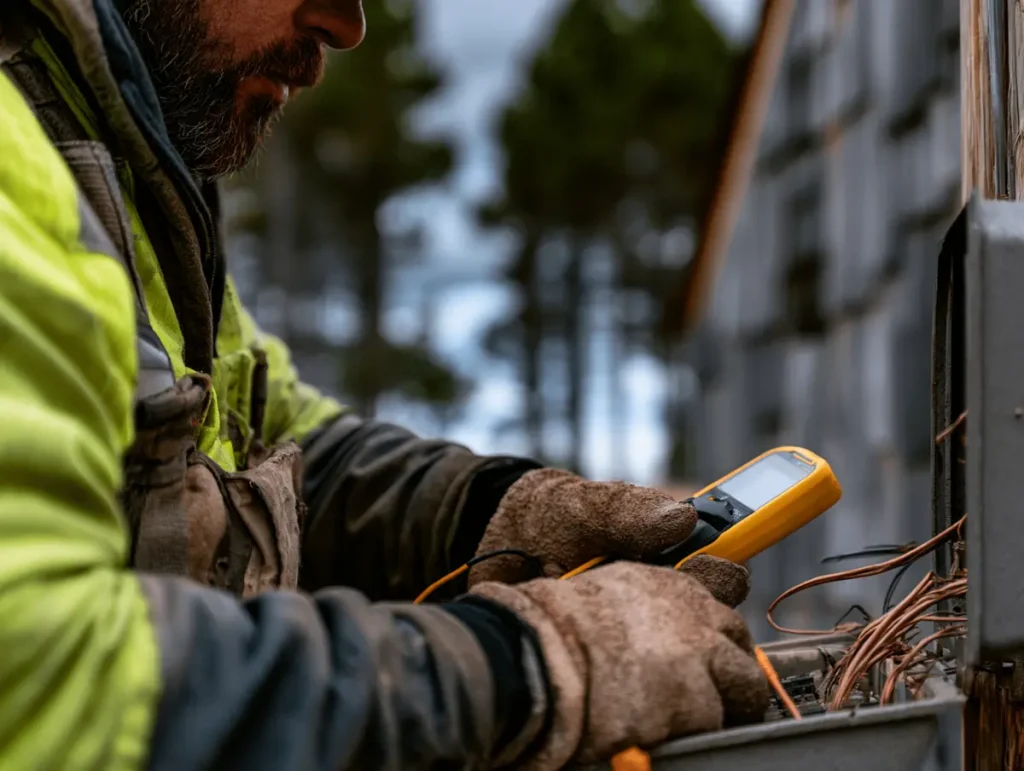 A well pump repair technician in a high-visibility jacket using a yellow multi-meter to test electrical wires outside a Doylestown home.