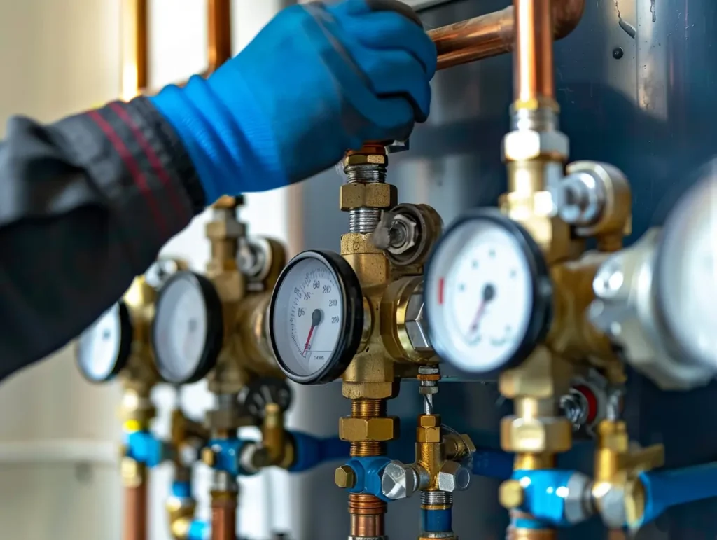 A professional plumber wearing blue work gloves adjusting a residential water pressure gauge and valve manifold system in Bucks County PA.