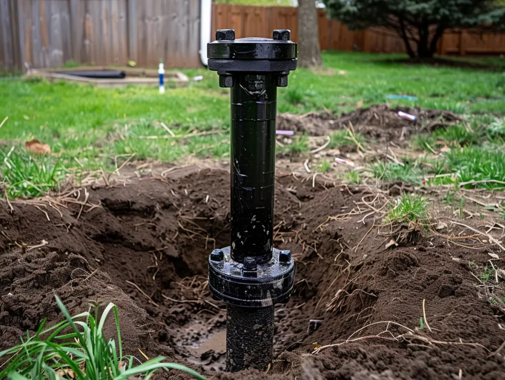 A newly completed black steel residential water well head and sanitary cap assembly in a freshly excavated Bucks County PA backyard.