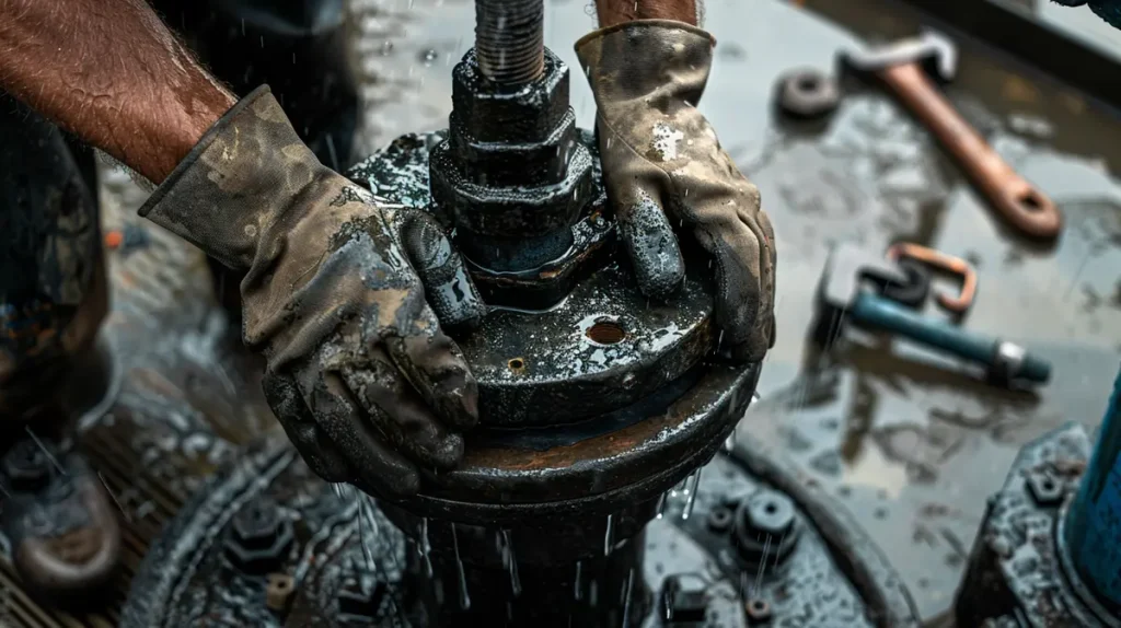 A close-up shot of a technician's gloved hands servicing a rugged water pump casing during a professional bucks county well drilling and system repair project.