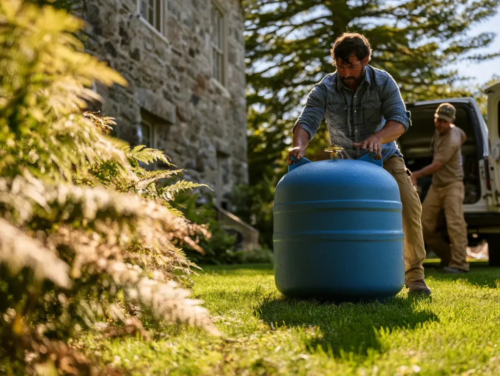 A local plumbing service crew installing a large blue water pressure tank on the front lawn of a traditional fieldstone country home.