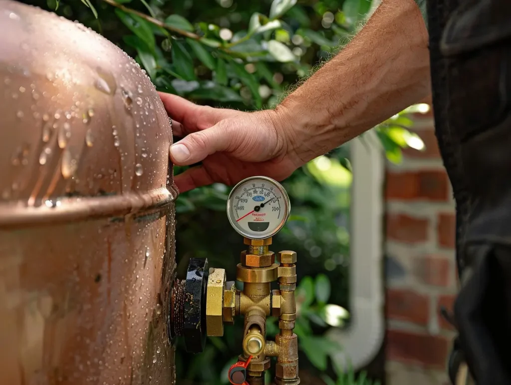 A plumbing contractor checking the air pressure gauge on an outdoor well tank system on a residential property in Bucks County PA.