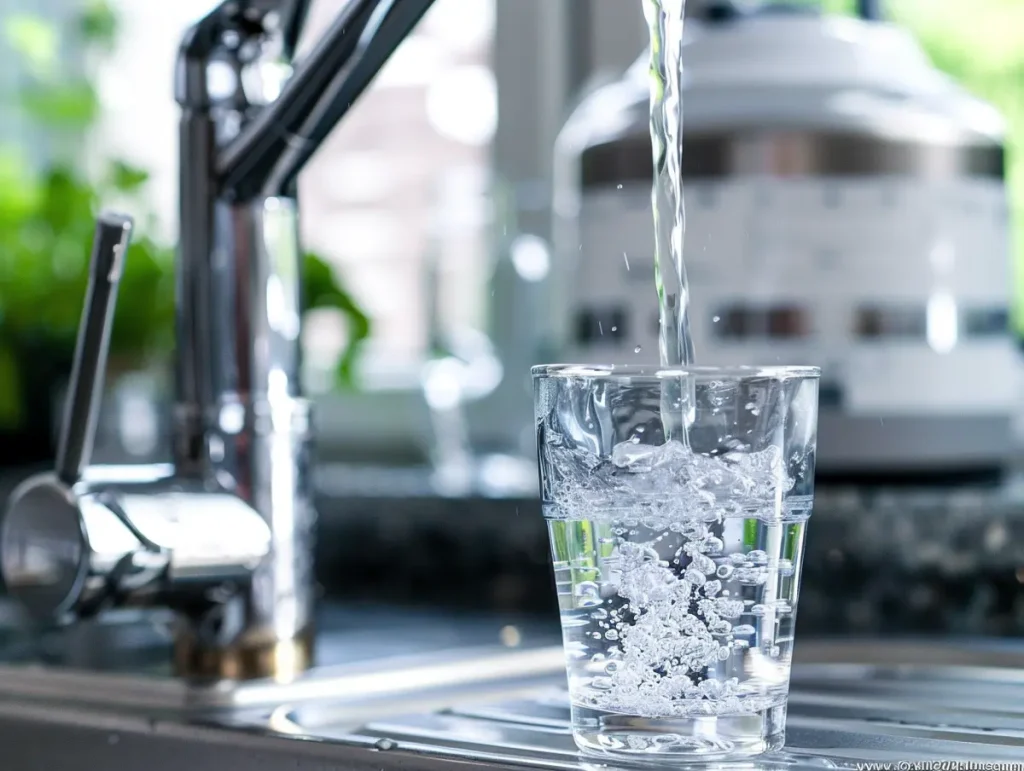 Filling a clear glass with drinking water directly from a kitchen faucet with a whole house filtration system tank in the background in Bucks County PA.